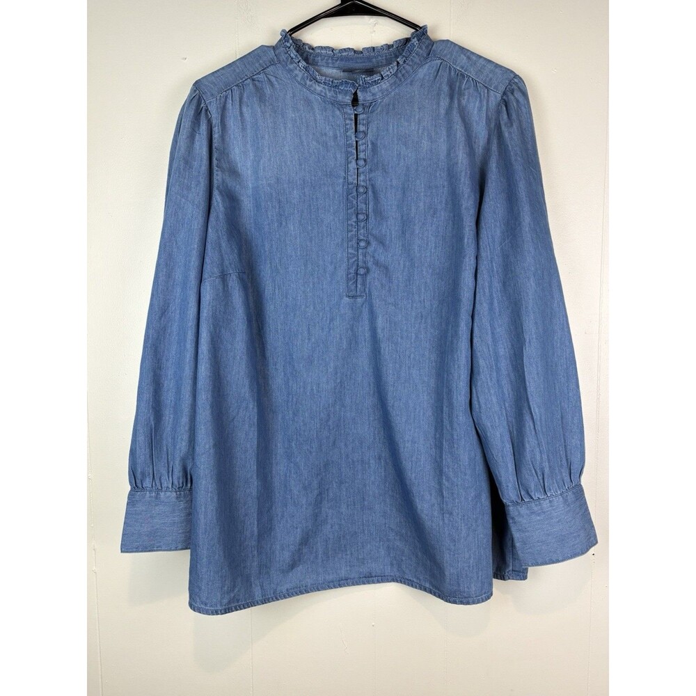 J Jill Denim Blouse XL Long Sleeve Cotton High Neck Office Career Chambray Blue - Picture 5 of 9